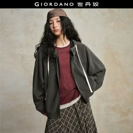 设计师款佐丹奴外套女新款珠地做旧抽绳宽松连帽夹克开衫18375809图片