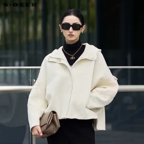 sdeer圣迪奥冬季女装高领连帽绣花宽松毛呢短款大衣S24482606商品大图
