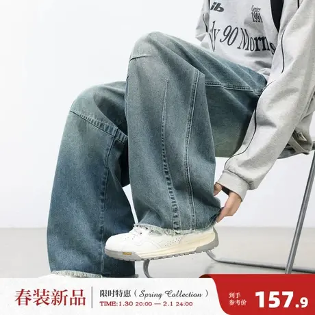 唐狮2026春季新款牛仔长裤男怀旧洗弯刀牛仔裤显瘦显高美式设计感商品大图