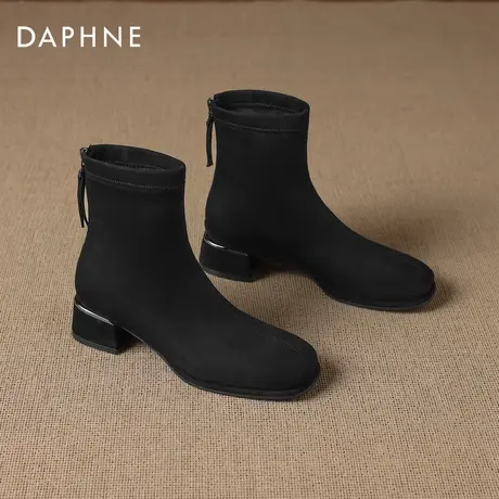 达芙妮法式短靴女2026冬季新款粗跟黑色马丁靴绒面瘦瘦靴妈妈靴子图片