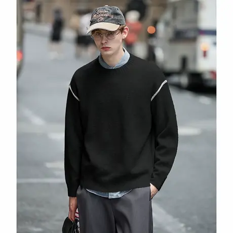 唐狮秋季毛衣男圆领套头黑色撞色时尚宽松潮流毛线衫休闲上衣TMTA图片