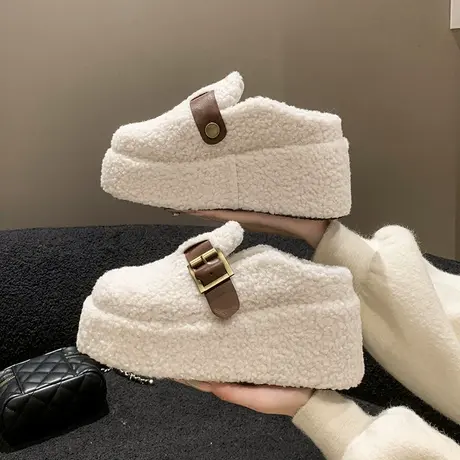 超厚底羊羔毛毛拖鞋女秋冬外穿高级感2023新款坡跟加绒包头棉拖鞋图片