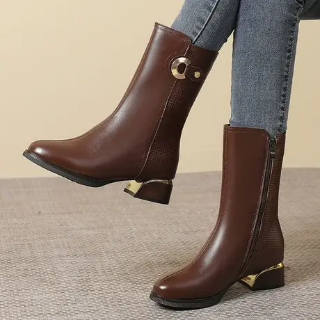 2023新款秋季大码女靴41一43弹力瘦瘦靴真皮中跟时尚粗跟中筒靴商品大图