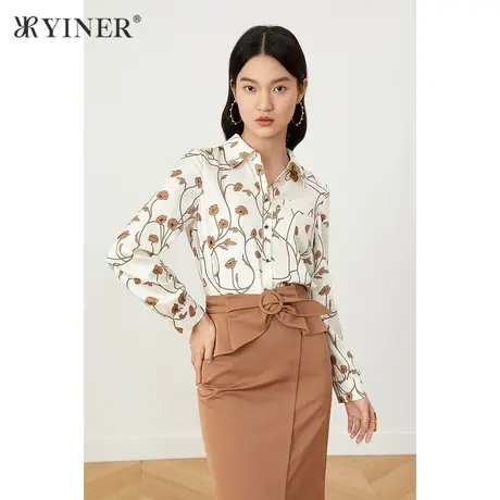 YINER音儿女装2021秋季新款气质显瘦长袖印花衬衫商品大图