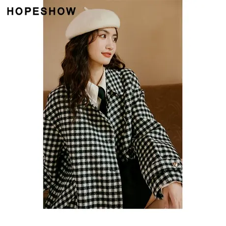 【直播专享】冬季亮丝格纹斜门襟翻领双面呢大衣90122450803红袖商品大图