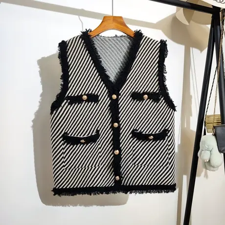 小香风针织马甲开衫女秋冬新款v领休闲百搭毛衣坎肩马夹背心外套图片