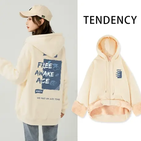 ZR真维斯卫衣女秋冬2023新款羊羔绒连帽时尚拉链加绒加厚上衣外套图片