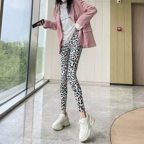 豹纹鲨鱼皮打底裤女裤子紧身高腰收腹提臀裤春秋外穿瑜伽芭比裤子图片