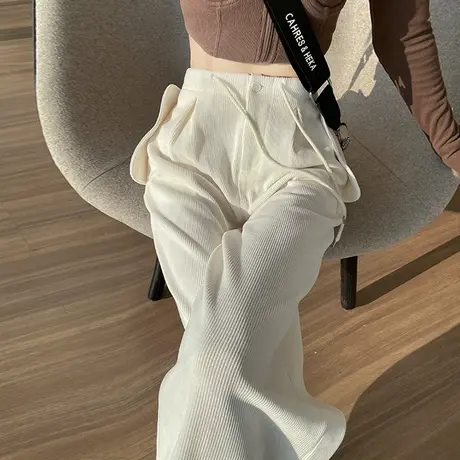 米白色束脚阔腿裤女冬季新款垂感高腰窄版宽松直筒灯芯绒休闲裤子商品大图