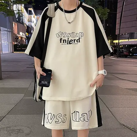 撞色短袖短裤套装男2023新款夏季冰丝运动一套搭配帅气青少年衣服商品大图