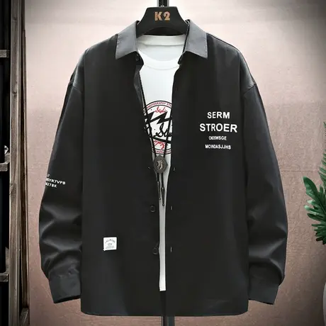 长袖衬衫男春秋季潮牌宽松休闲帅气翻领衬衣男士潮流简约字母外套商品大图