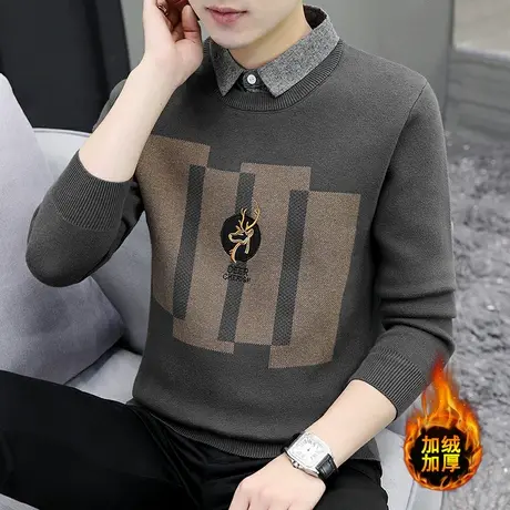 假两件毛衣男士衬衫领针织衫秋冬款韩版潮流刺绣加绒加厚打底线衣商品大图