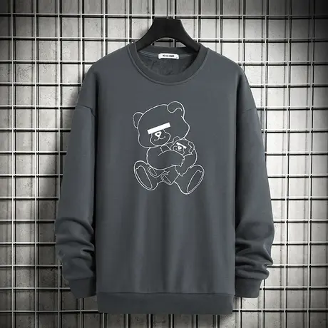 男士卫衣2024新款宽松潮流百搭秋季加绒小熊印花无帽上衣圆领长袖商品大图