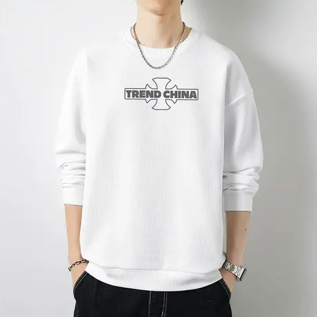 2024新款华夫格卫衣男中国潮流秋冬款圆领无帽长袖t恤白色上衣服商品大图