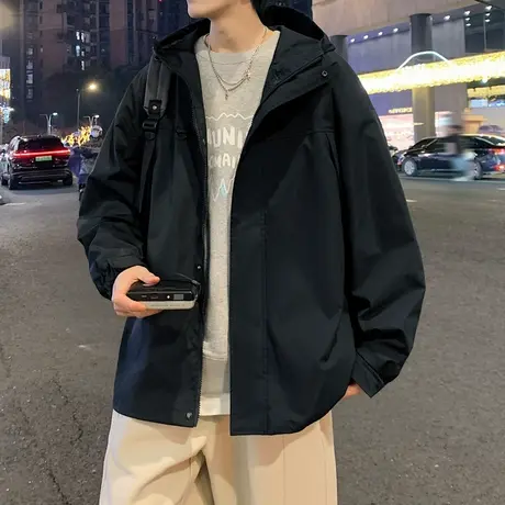 连帽冲锋衣外套男春秋季美式宽松休闲潮牌户外防风夹克男装上衣服商品大图