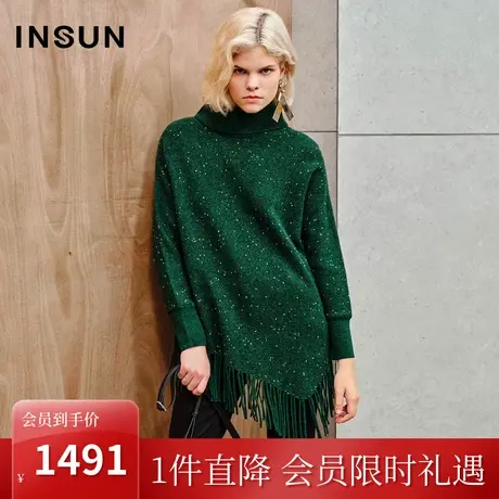 恩裳2023秋装新款牦牛绒羊毛下摆不对称流苏高领毛衣美拉德针织衫商品大图