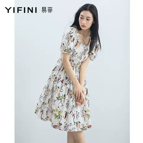 Yifini/易菲甜美碎花U型领中长款连衣裙女2023夏季新款收腰茶歇裙图片