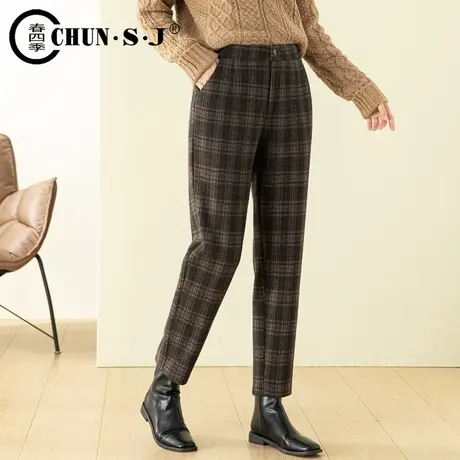 毛呢裤子女秋冬季显瘦萝卜裤休闲裤哈伦裤2023新款长裤高腰格子裤商品大图