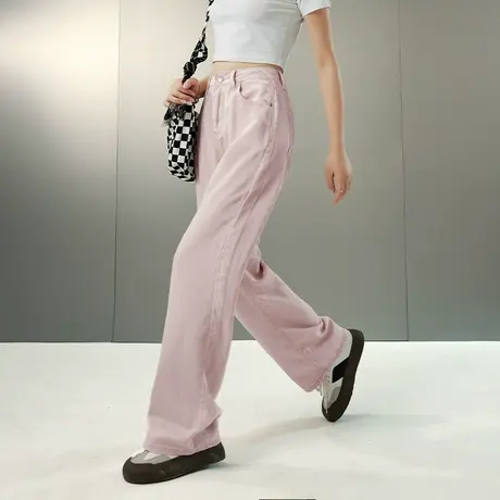 复古粉色牛仔裤宽松女2024新款裤子春秋高腰显瘦直筒阔腿裤ins潮图片