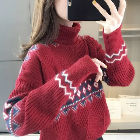 秋冬季新款红色毛衣女士加厚高领打底衫宽松外穿上衣套头韩版内搭商品大图