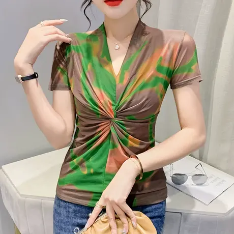 设计感交叉V领T恤女短袖性感网纱小衫欧货紧身洋气扎染上衣夏装潮商品大图