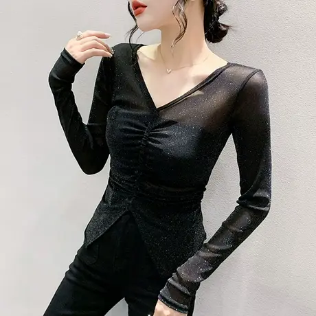 网纱薄款防晒上衣女长袖2024夏装新款性感V领开叉T恤百搭修身小衫图片