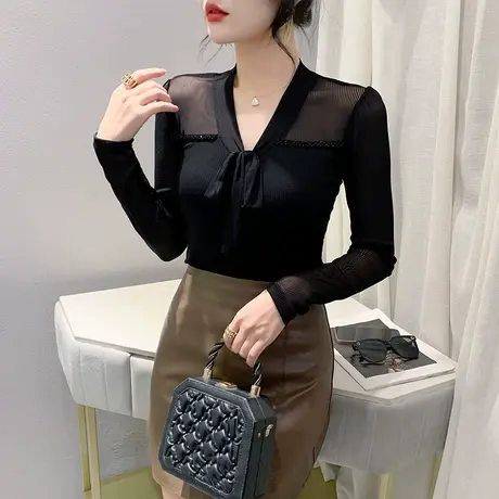 黑色网纱钉珠T恤女长袖性感蝴蝶结拼接V领上衣洋气修身减龄打底衫商品大图