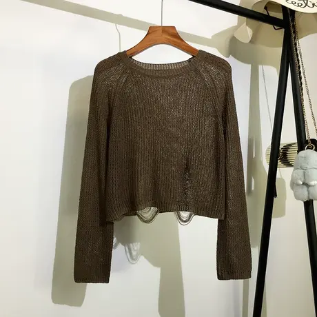 长袖镂空罩衫女外穿夏季新款韩版宽松圆领套头短款破洞针织衫上衣商品大图