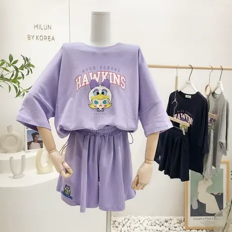 夏季韩版甜美宽松T恤阔腿裤运动休闲两件套紫色套装微胖显瘦大码商品大图