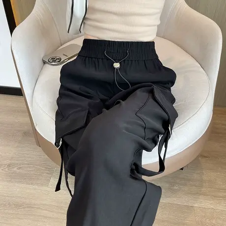 灰色束脚工装裤女春秋新款高腰宽松显瘦百搭九分美式哈伦运动裤子商品大图
