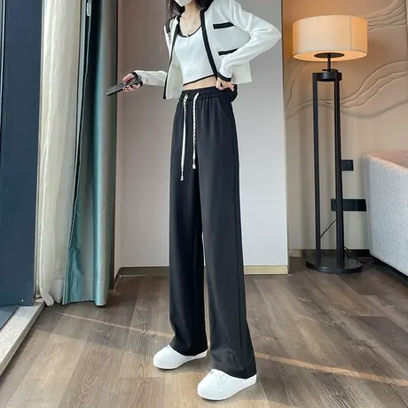 黑色泡芙格阔腿裤女2024年春秋新款高腰垂感直筒宽松休闲拖地裤子图片