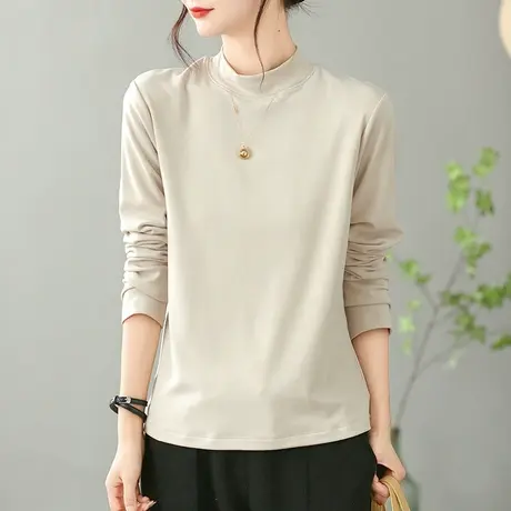 dza 复古纯色半高领加绒打底衫女士秋冬内搭T恤休闲宽松棉质上衣商品大图