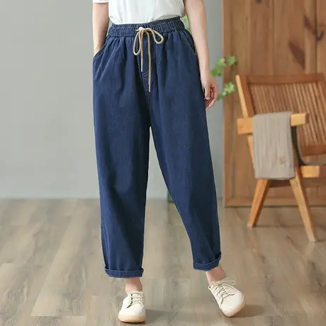 dza 高腰显瘦宽松直筒牛仔裤子女士秋季系绳长裤百搭哈伦裤休闲裤图片