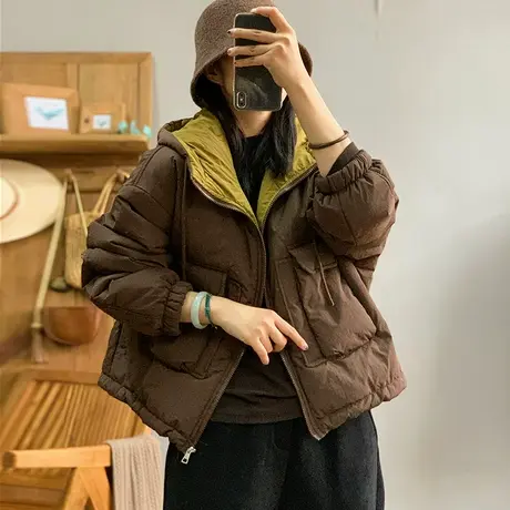 dza 复古宽松口袋连帽棉服外套女士冬季保暖漂亮棉衣休闲棉袄上衣图片