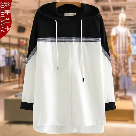 撞色拼接卫衣薄款加肥加大码女装年轻气质胖妈妈春秋季中长款上衣商品大图