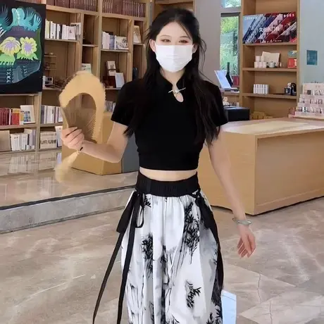 黑色正肩短袖t恤女夏季2024新款设计感小众改良旗袍中式国风上衣商品大图