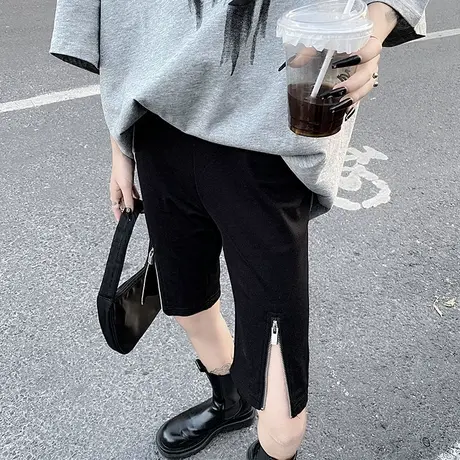 小众修身拉链设计五分裤高腰黑色短裤中裤显瘦骑行裤瑜伽裤女商品大图