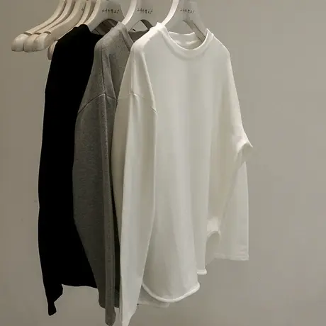 品质狠赞！磨毛加厚基础长袖T恤女秋冬新款宽松百搭开叉打底上衣商品大图