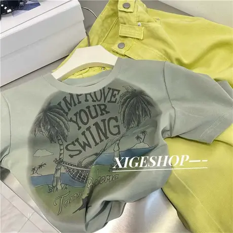 美式前后印花沙滩椰树t恤女夏修身显瘦正肩短款辣妹休闲体恤上衣商品大图