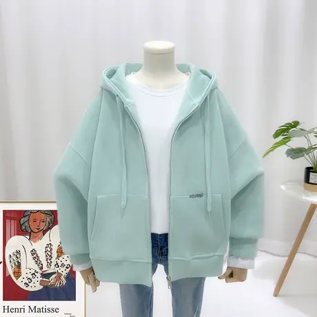 2022早春新款刺绣简单短款连帽拉链卫衣开衫外套女上衣22316百搭商品大图