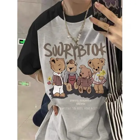 美式复古ins插肩袖t恤女大码oversize宽松高街风卡通夏季短袖上衣商品大图