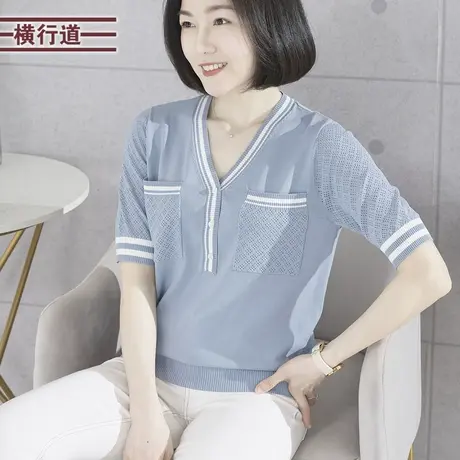2025夏季新款简约休闲V领双口袋撞色针织衫短袖外穿女装大码上衣商品大图