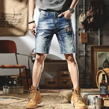 欧货潮牌刺绣破洞牛仔短裤男士夏季薄款韩版潮流水洗蓝色五分中裤商品大图