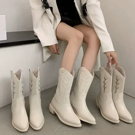 白色水钻长筒女2023年新款秋冬西部牛仔靴尖头粗跟中筒V口骑士靴图片