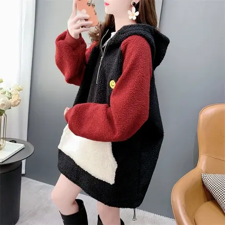 美式复古加绒加厚连帽羊羔毛卫衣外套女秋冬新款宽松慵懒休闲上衣图片