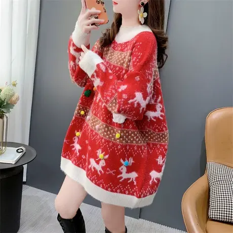 圣诞新年红色麋鹿圆领毛衣女秋冬2023年新款宽松慵懒风加厚针织衫商品大图