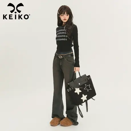 KEIKO 美式复古字母印花针织上衣2024早春辣妹修身显瘦短款打底衫图片