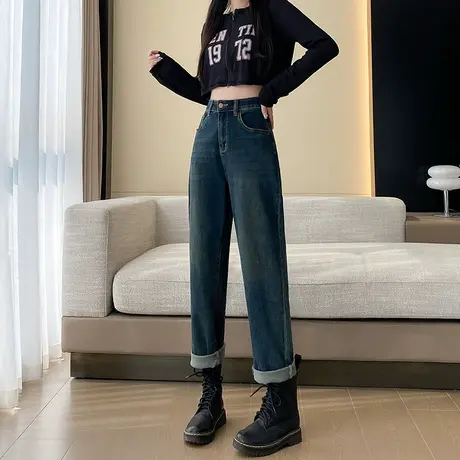 加绒牛仔裤女春秋2024年新款高腰显瘦萝卜宽松小个子哈伦加厚直筒图片