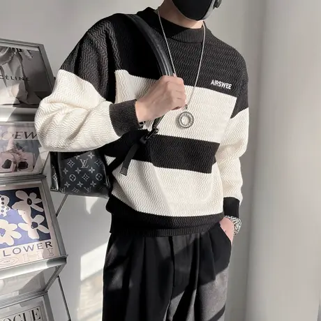 冬季针织毛衣男ins韩版休闲撞色条纹设计感宽松加厚轻熟保暖线衣图片