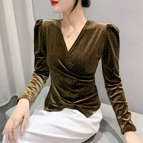 不规则开叉性感交叉丝绒V领镂空烫钻长袖打底衫洋气上衣女紧身T恤图片